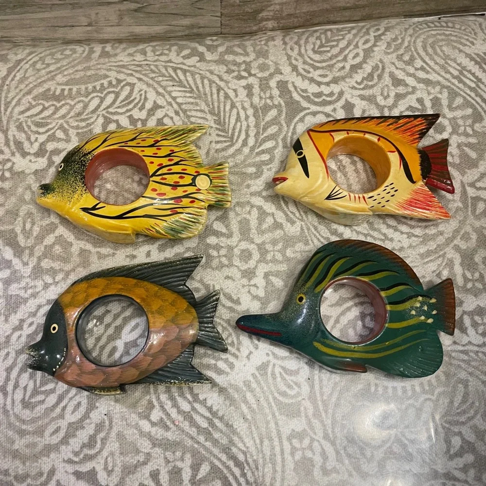 Tropical Fish Napkin Rings Set 4 Hand Painted Colorful Beachy Decor